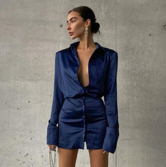 Sapphire Blue Long Sleeve Button Down Satin Effect Mini Dress - Picture 2 of 16